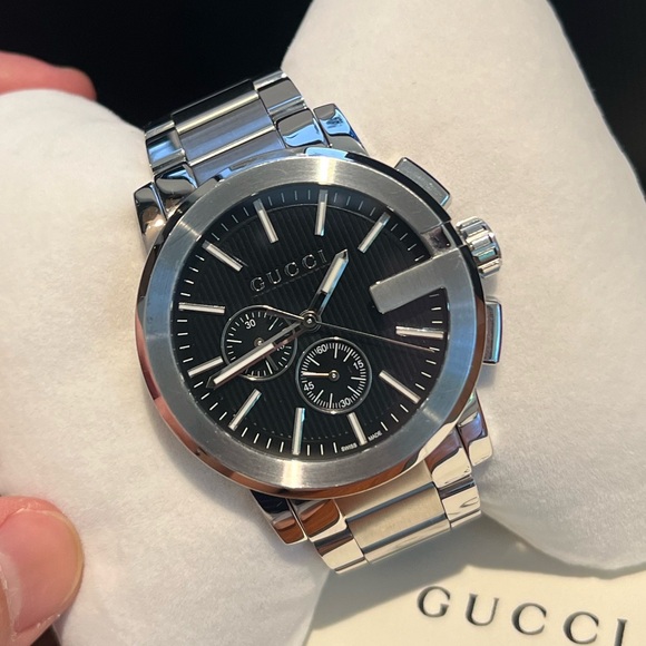 GUCCI-G 44MM CHRONO Stainless Steel Black Dial Men’s Watch Authentic - Picture 2 of 7